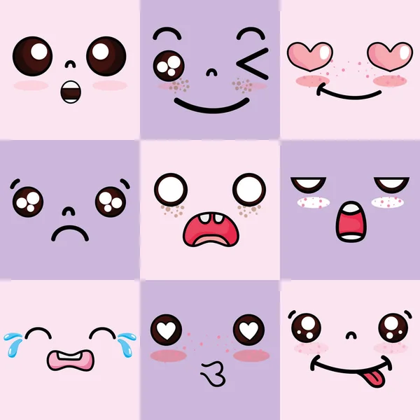 Set Kawaii Caras Lindas Expresión Vector Ilustración — Archivo Imágenes Vectoriales