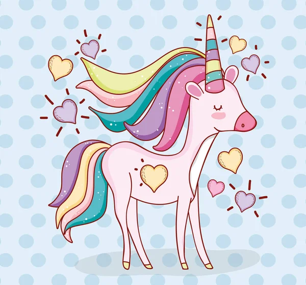 cute unicorn animal with hearts and hairstyle vector illustration