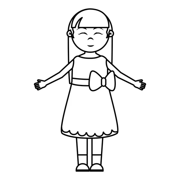 Línea Feliz Chica Con Vestido Ropa Peinado Vector Ilustración — Vector de stock