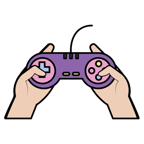 彩色视频游戏控制器技术与按钮在手向量例证 — 图库矢量图片