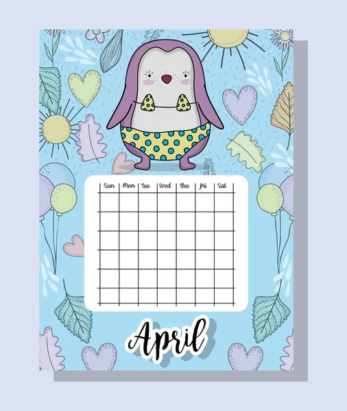 April Kalenderinformation Mit Pinguin Und Blumen Vektorillustration — Stockvektor