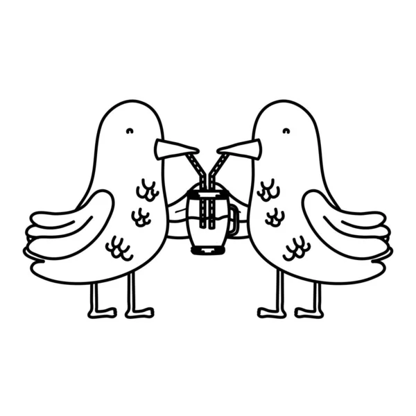 Línea Pareja Pájaro Animal Bebiendo Smoothie Juntos Vector Ilustración — Vector de stock