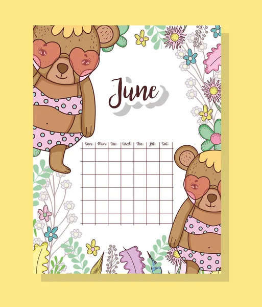 Juni Kalender Mit Niedlichen Bären Animal Vector Illustration — Stockvektor