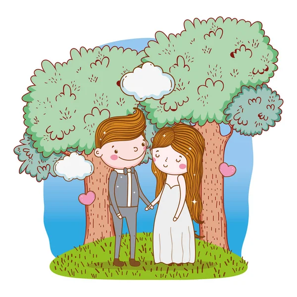 Frau Und Mann Hochzeit Mit Wolken Und Bäumen Vektorillustration — Stockvektor