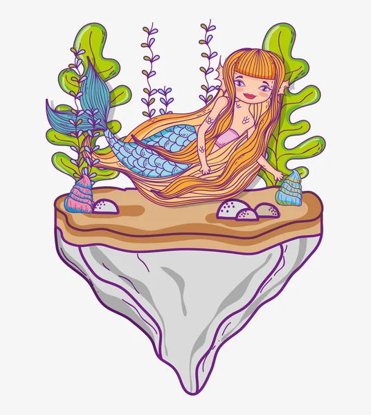 Sirena Mujer Con Plantas Vector Piedra Flotante Ilustración — Vector de stock
