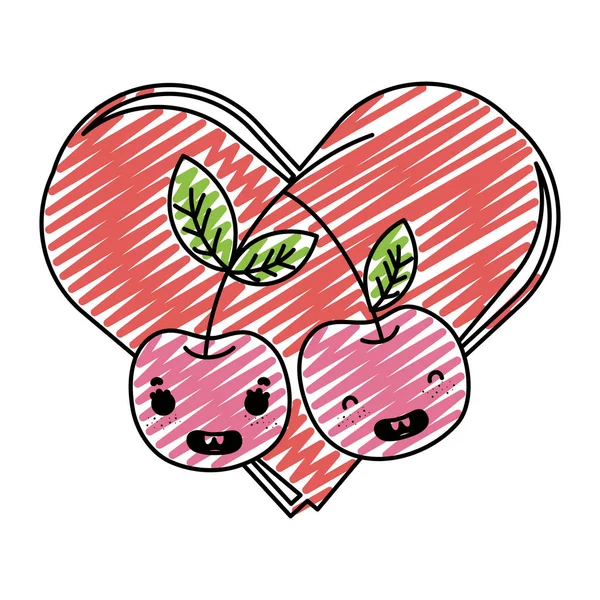 Doodle Kawaii Ευτυχισμένη Cherrys Φρούτων Εικονογράφηση Διάνυσμα Καρδιά — Διανυσματικό Αρχείο