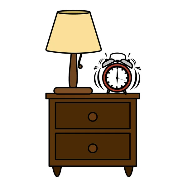 Kleur Lamp Klok Alarm Houten Nachttafel Vectorillustratie — Stockvector