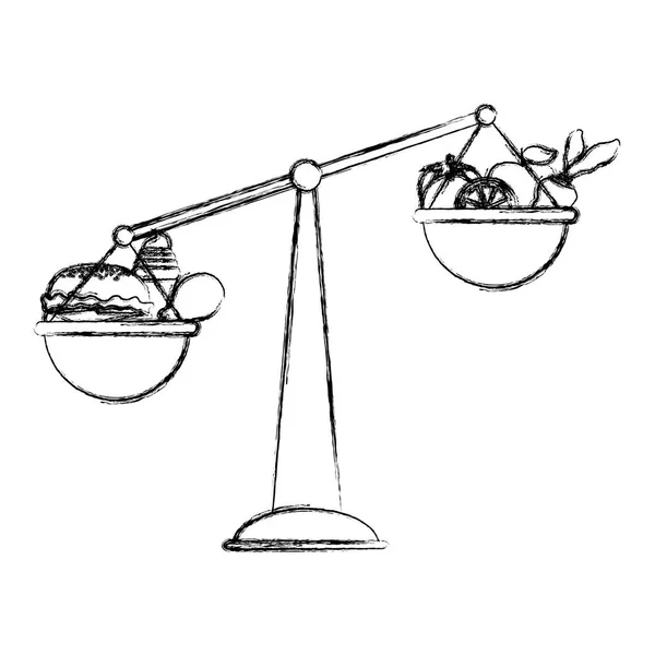 Grunge Balance Objet Avec Illustration Vectorielle Alimentaire Saine Malsaine — Image vectorielle