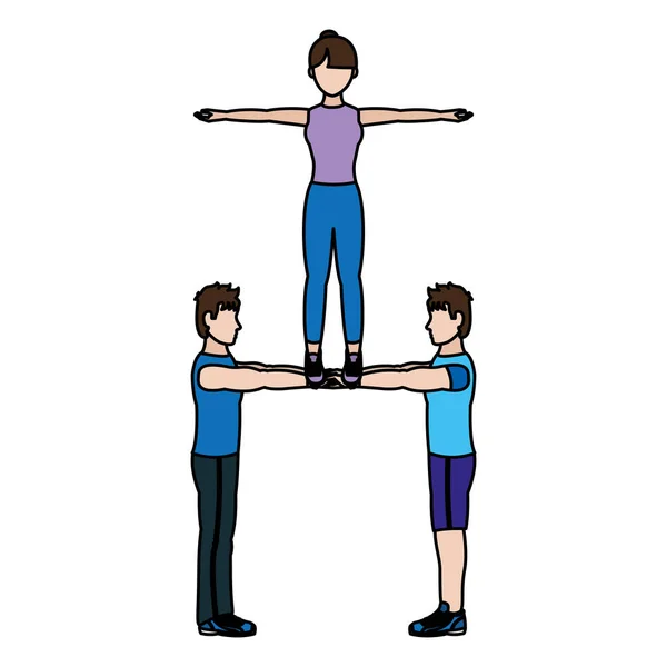 Color Fitness Hombres Mujeres Entrenamiento Acrobacias Vector Ilustración — Archivo Imágenes Vectoriales