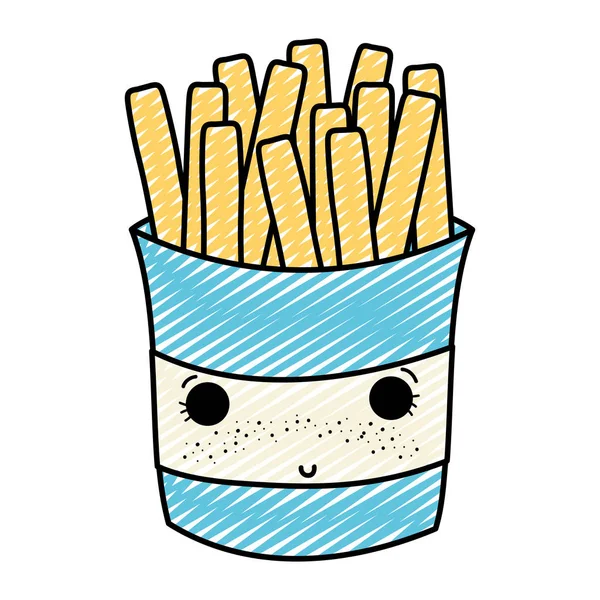 Doodle Kawaii Tímido Fritas Francês Fast Food Vetor Ilustração — Vetor de Stock