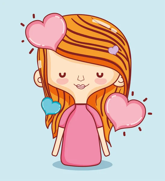美丽的女孩在爱与心脏漫画向量例证平面设计 — 图库矢量图片