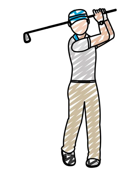 Doodle Garçon Golfeur Avec Uniforme Jeu Golf Vecteur Illustration — Image vectorielle