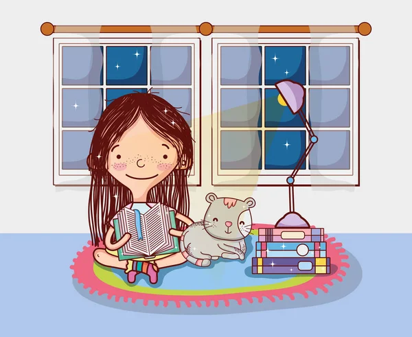 Linda Chica Con Libros Dentro Habitación Dibujos Animados Vector Ilustración — Vector de stock