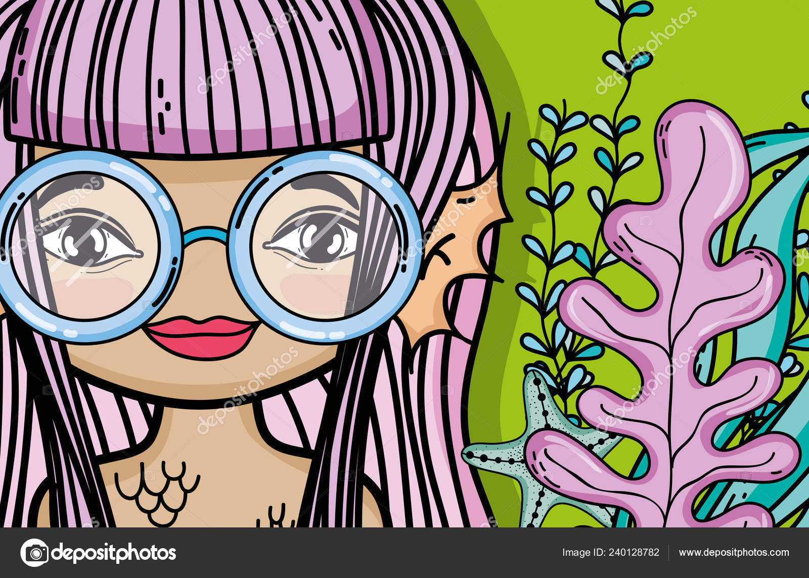 メガネと幻想の海にかわいい人魚の漫画し 図面ベクトル イラスト グラフィック デザイン ストックベクター C Stockgiu