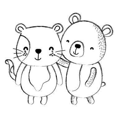 Grunge sevimli kedi ve ayı arkadaş hayvanlar illüstrasyon vektör