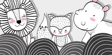 sevimli hayvanlar arkadaşları ile birlikte dağlar vektör çizim