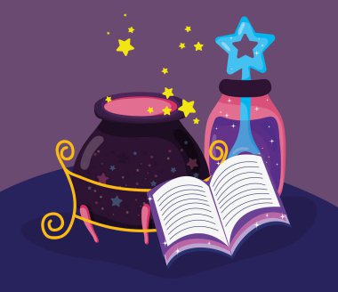 gizemli iksir ve kazan vektör çizim ile sihirli kitap