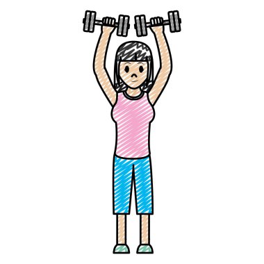 spor giyim ve dumbbles vektör çizim kadar kadın ile doodle