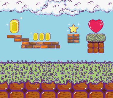 Retro video oyunu sahne karikatür kavramı vektör çizim grafik tasarım