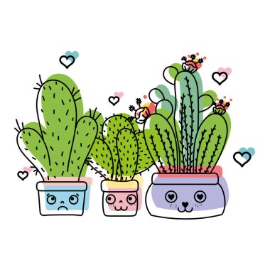 renk kawaii yüz ifadesi kaktüs bitki saksı vektör çizim içine taşındı