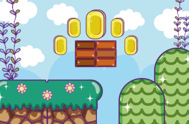 Pixelated retro video oyunu sahne karikatür kavramı vektör çizim grafik tasarım