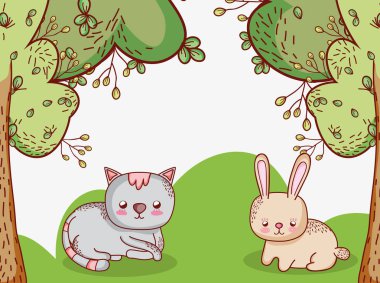 Kedi ve bunny orman vektör çizim grafik tasarım