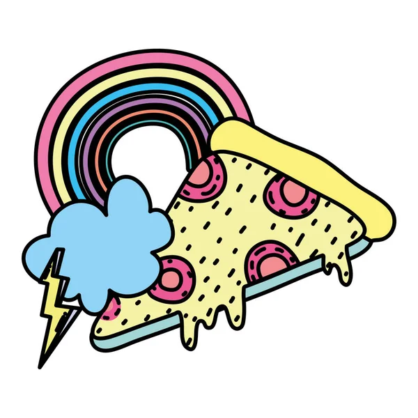 Farbe Scheibe Pizza Mit Regenbogen Und Donner Wolkenvektor Illustration — Stockvektor