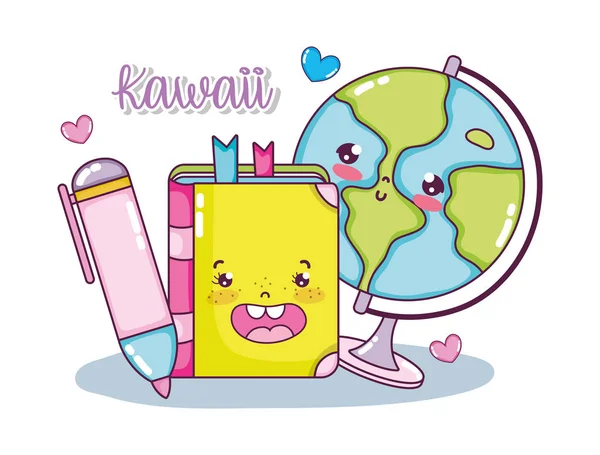 Kawaii Školní Pomůcky Roztomilé Kreslené Vektorové Ilustrace Grafický Design — Stockový vektor