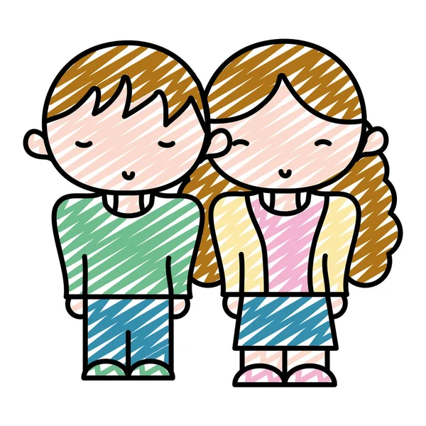 Doodle Jungen Und Mädchen Zusammen Mit Freizeitkleidung Vektor Illustration — Stockvektor