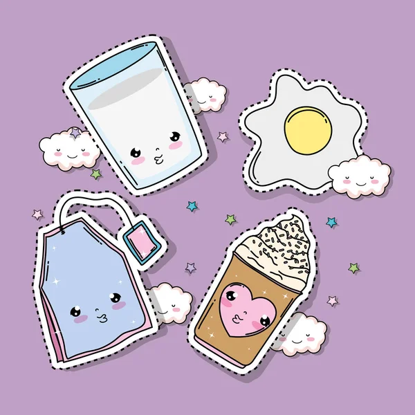 Set Kawaii Vaso Leche Con Huevo Etiqueta Venta Vector Ilustración — Vector de stock