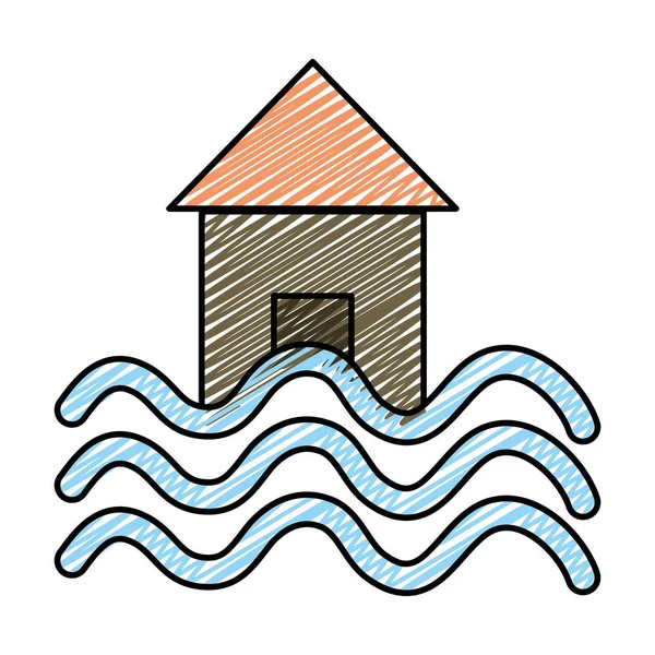 Huis Met Water Overstromingen Natuurlijke Demage Vectorillustratie Doodle — Stockvector