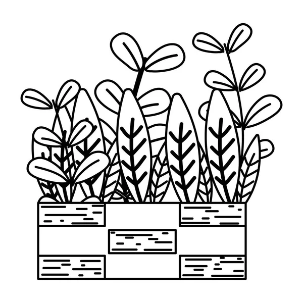 Linii Naturalnych Roślin Pozostawia Się Wewnątrz Doniczki Drewno Ilustracja Wektorowa — Wektor stockowy