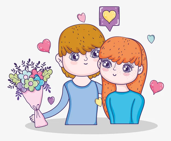 Junge Und Mädchen Mit Blumenstrauß Und Herzen Vektor Illustration — Stockvektor