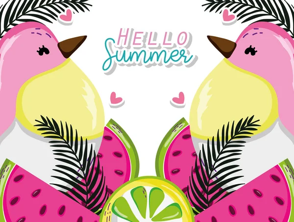 Hello summer card with exotic birds cartoons vector illustration graphic design