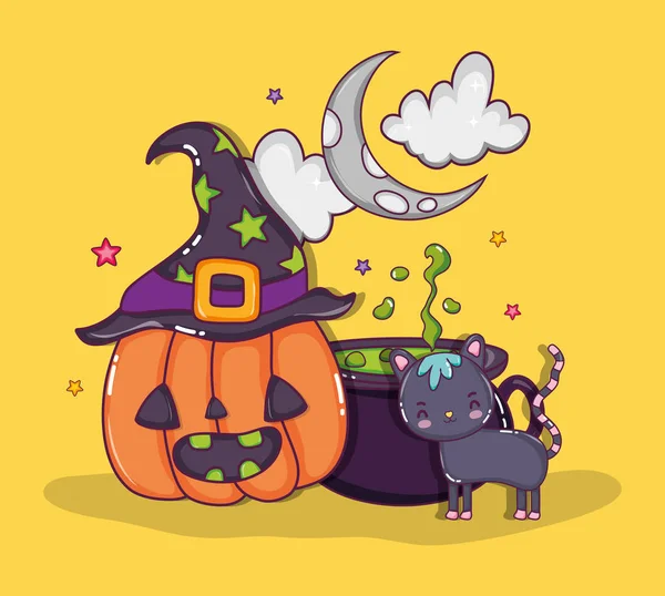 Halloween Gatto Zucca Con Cappello Strega Cartoni Animati Vettoriale Illustrazione — Vettoriale Stock