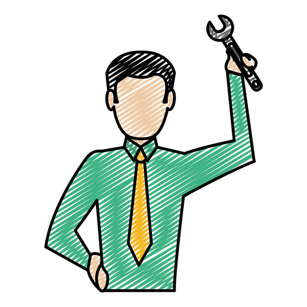 doodle elegant businessman professional with wrench repair vector illustration