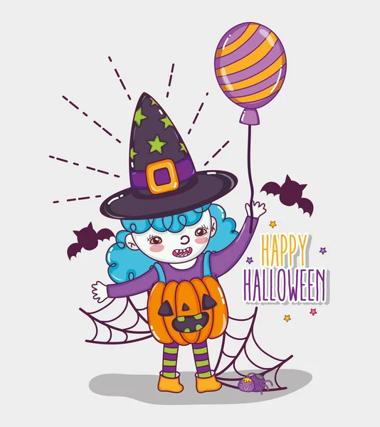 Happy Halloween Häxa Med Ballong Och Fladdermöss Karikatyrerna Vektor Illustration — Stock vektor