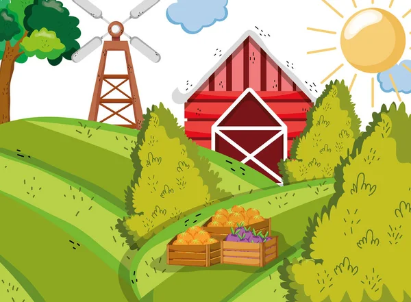 Niedlichen Bauernhaus Mit Cartoon Landschaft Vektor Illustration Grafik Design — Stockvektor