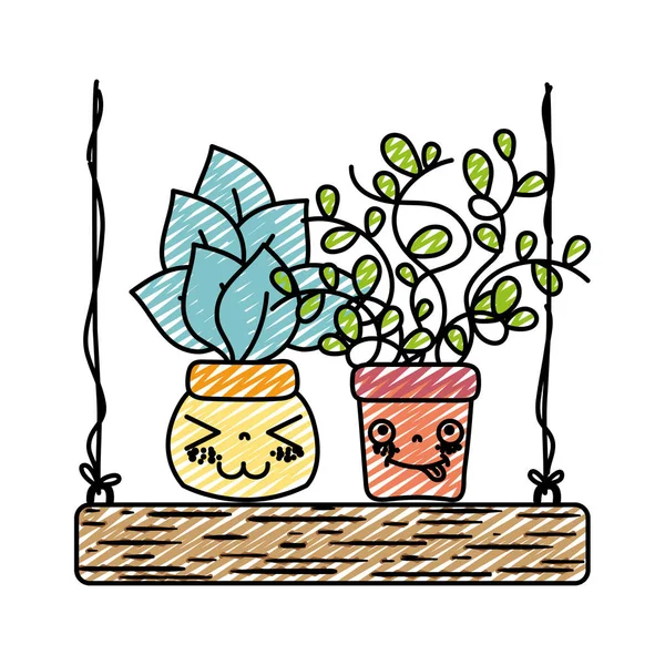 Doodle Kawaii Ansiktsuttryck Växter Med Blad Gungor Vektorillustration — Stock vektor