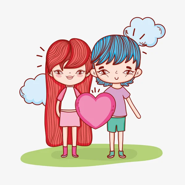 Romantisches Mädchen Und Jungen Paar Mit Herz Vektorillustration — Stockvektor