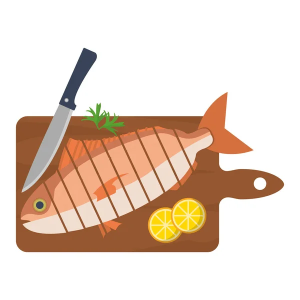 Pescado Picado Con Limón Cuchillo Ilustración Del Vector Tabla Cortar — Vector de stock