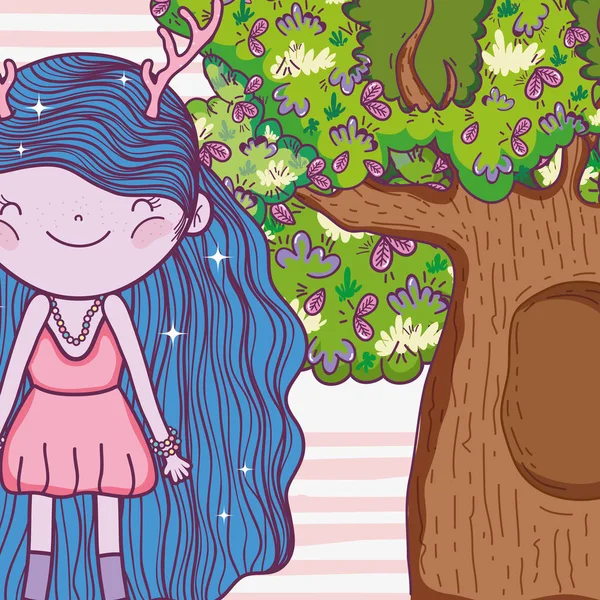 Dívka Fantastická Stvoření Parohy Stromové Domy Vektorové Ilustrace — Stockový vektor