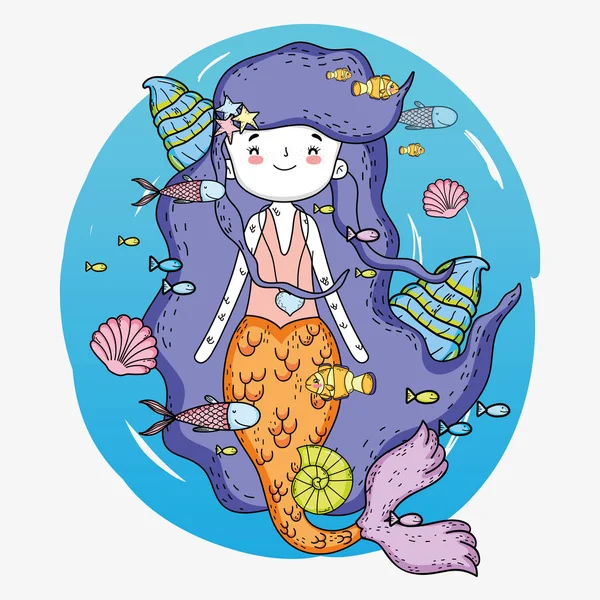 Meerjungfrau Unter Wasser Mit Muscheln Und Fischen Vektor Illustration — Stockvektor