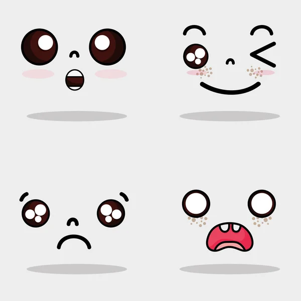 Set Kawaii Caras Lindas Expresión Vector Ilustración — Archivo Imágenes Vectoriales