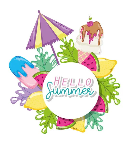 Hola Tarjeta Verano Con Paletas Paraguas Vector Ilustración Diseño Gráfico — Vector de stock