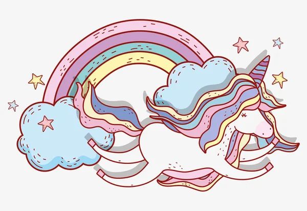 Licorne Volant Avec Des Étoiles Des Nuages Arc Ciel Illustration — Image vectorielle