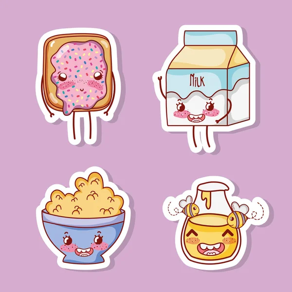 Leuke Ontbijt Collectie Kawaii Tekenfilms Vector Illustratie Grafisch Ontwerp — Stockvector