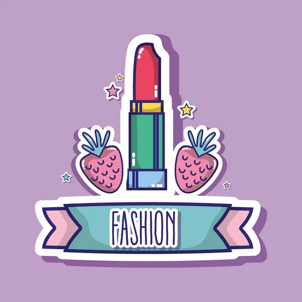 Lippenstift Und Erdbeer Mode Patches Aufkleber Vektor Illustration — Stockvektor