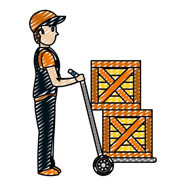 Doodle Delivery Man Wood Boxes Platform Trolleys Vector Illustration — Stock Vector