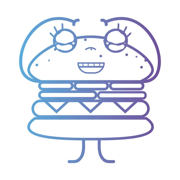 Line Kawaii Cute Happy Hamburger Fast Food Vector Illustration — стоковый вектор